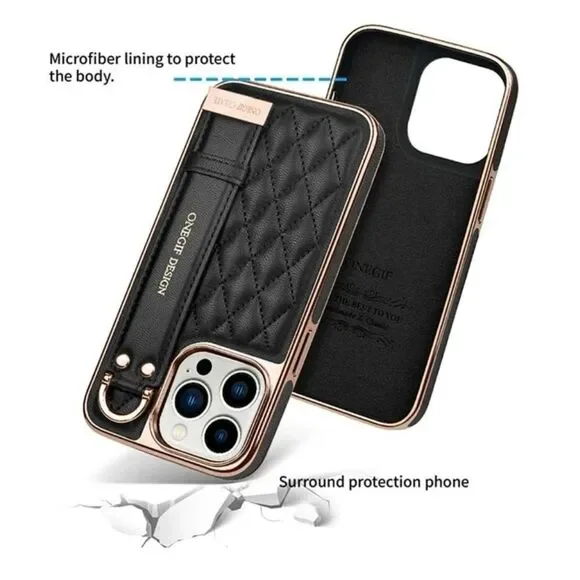 iPhone 16 Pro Max Case – Quilted Leather Look with Rose Gold Frame & Hand Strap - Picture 4 of 7